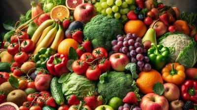 DALL·E 2024-11-09 06.48.50 - A vibrant, detailed arrangement of various fruits and vegetables on a rustic wooden table. The assortment includes apples, bananas, oranges, strawberr