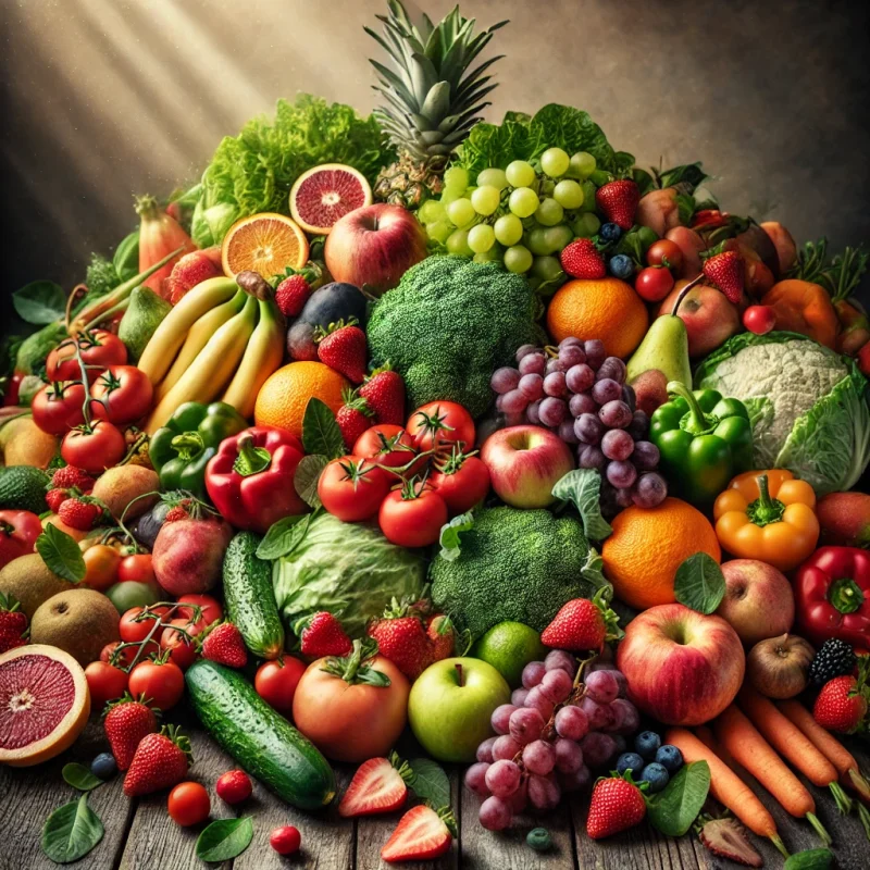 DALL·E 2024-11-09 06.48.50 - A vibrant, detailed arrangement of various fruits and vegetables on a rustic wooden table. The assortment includes apples, bananas, oranges, strawberr